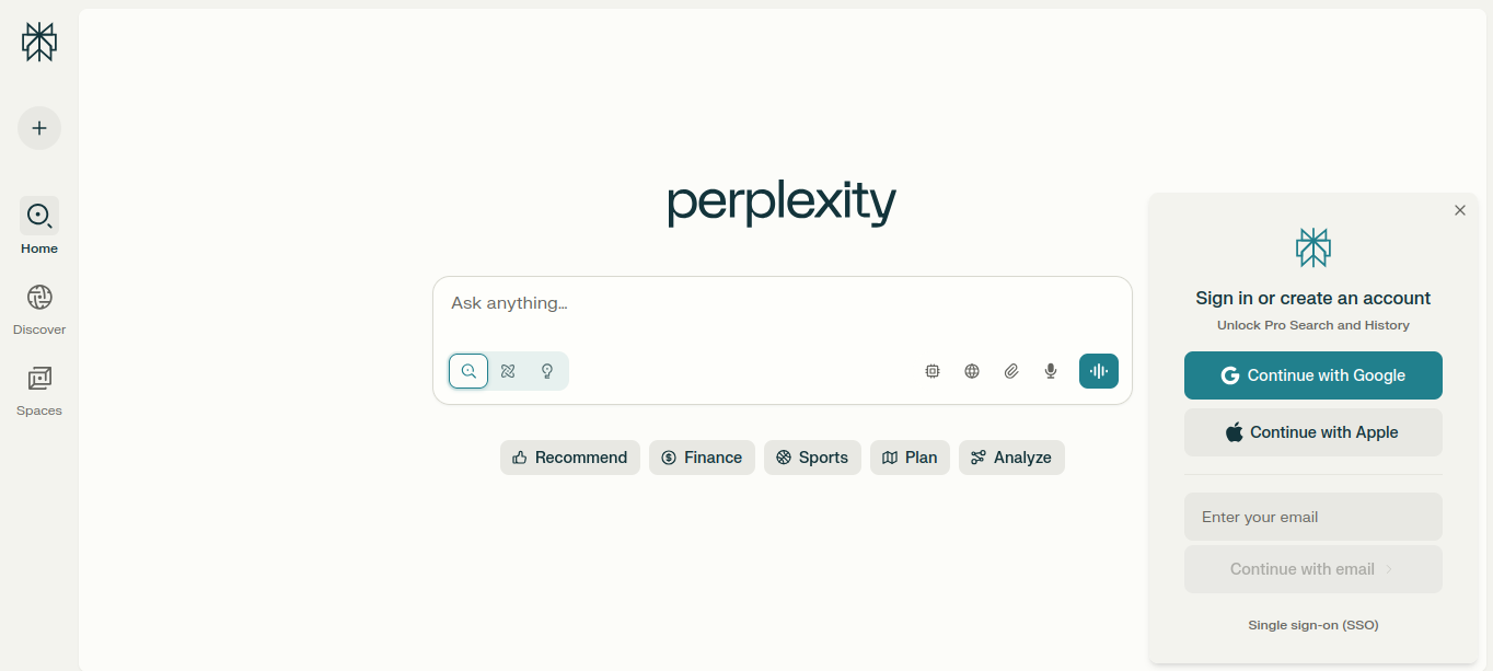 Page de connexion Perplexity
