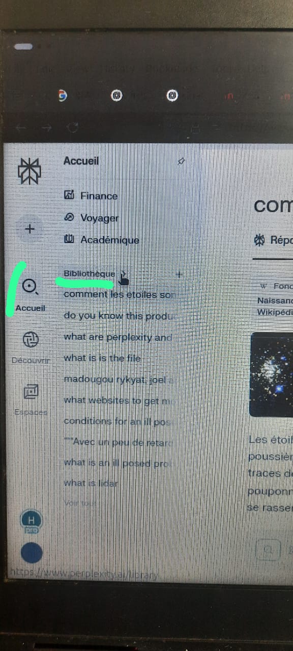 Menu bibliothèque avec les discussions passées